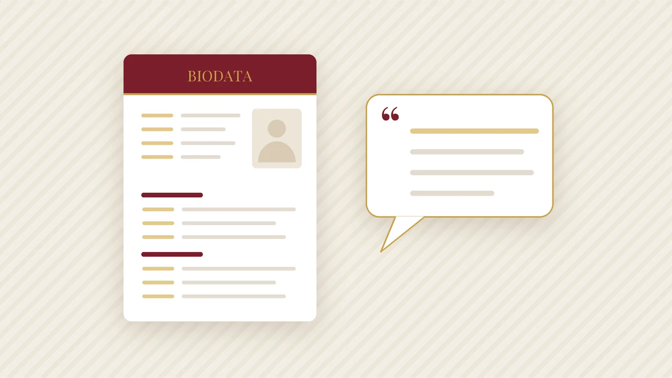 A marriage biodata with the About Me section highlighted and a speech bubble beside it