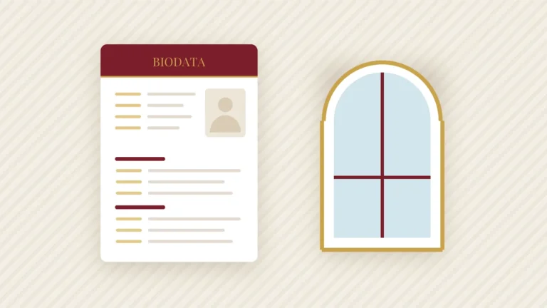 A marriage biodata with an arched window-shaped header border for a Christian marriage proposal