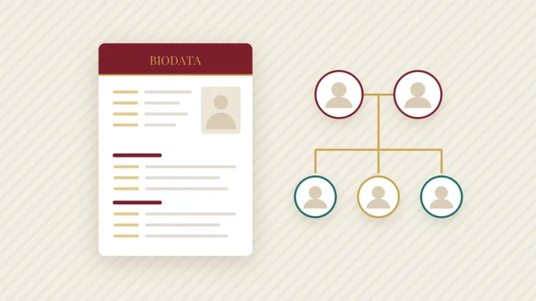 A marriage biodata with a small family tree of parents and siblings beside the family section