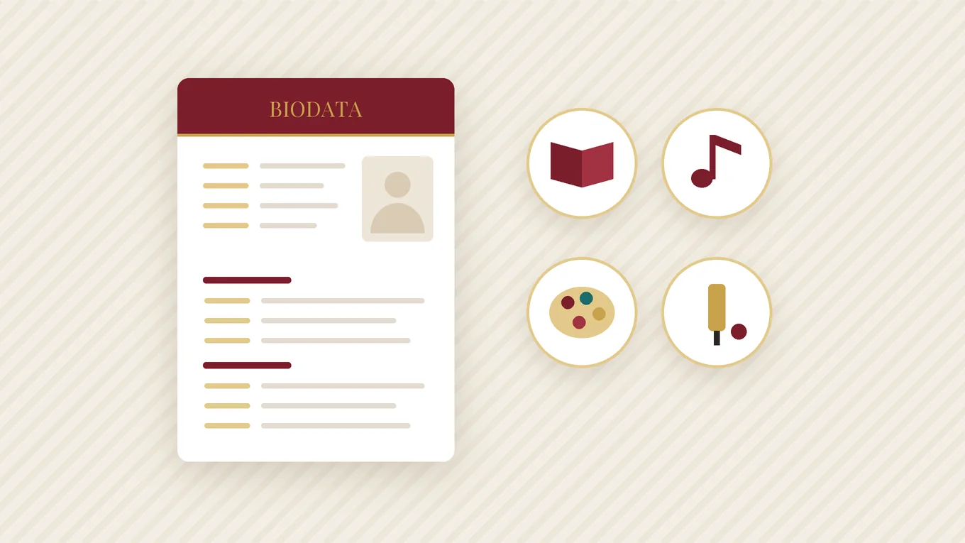 A marriage biodata with small icons for reading, music, cooking and travel next to the hobbies line