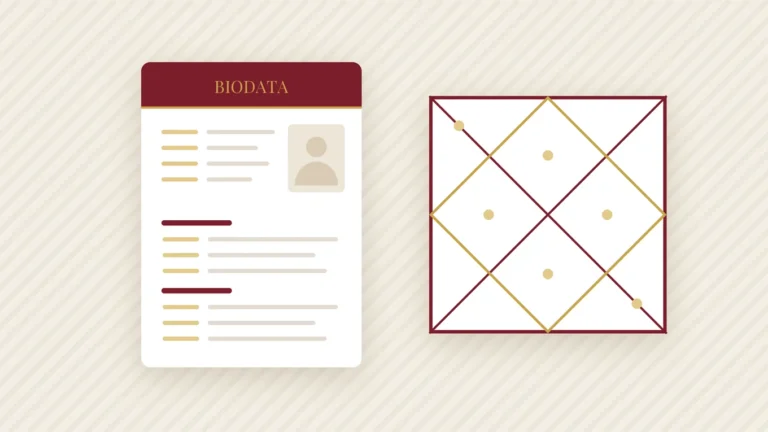 A marriage biodata beside a square North Indian kundli chart
