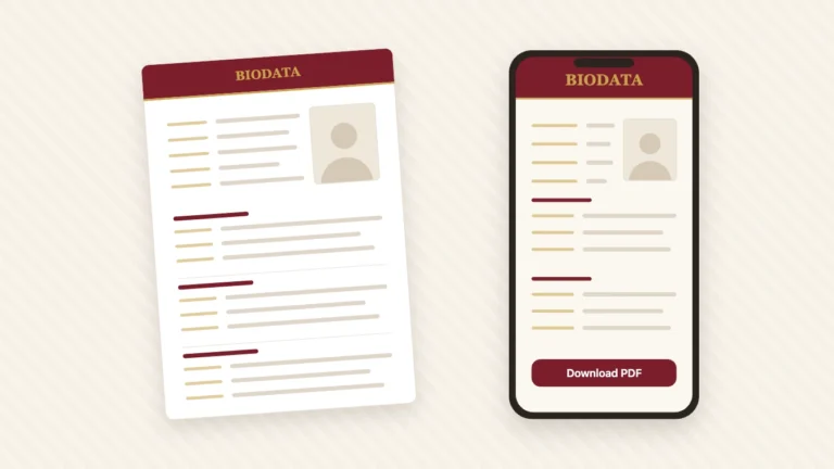 A finished marriage biodata on a printed page beside the same biodata open in the app