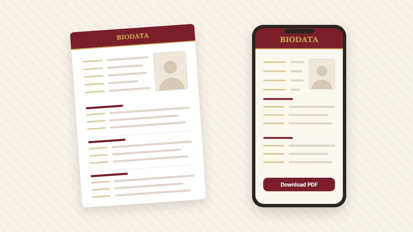 A finished marriage biodata on a printed page beside the same biodata open in the app