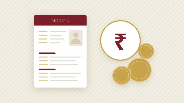 A marriage biodata with the income row highlighted and a small rupee symbol beside it