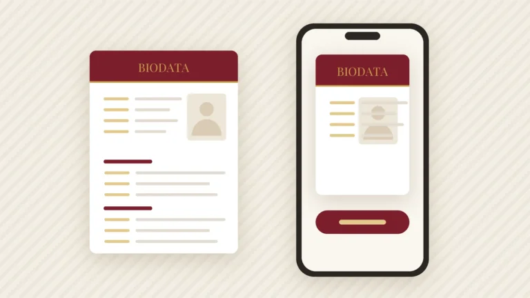 A marriage biodata page open on a phone screen held in one hand