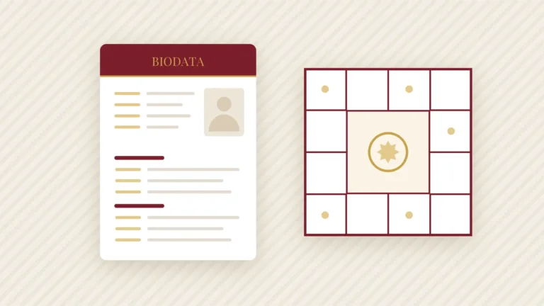 A marriage biodata beside a square South Indian raasi chart drawn as a four-by-four grid