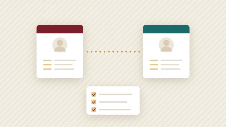 Two biodata profile cards connected by a line, with a short checklist of partner preferences