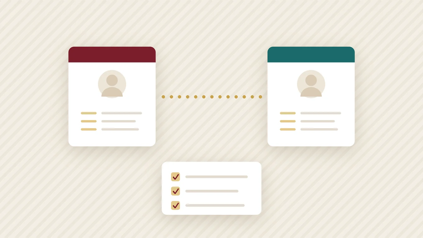 Two biodata profile cards connected by a line, with a short checklist of partner preferences