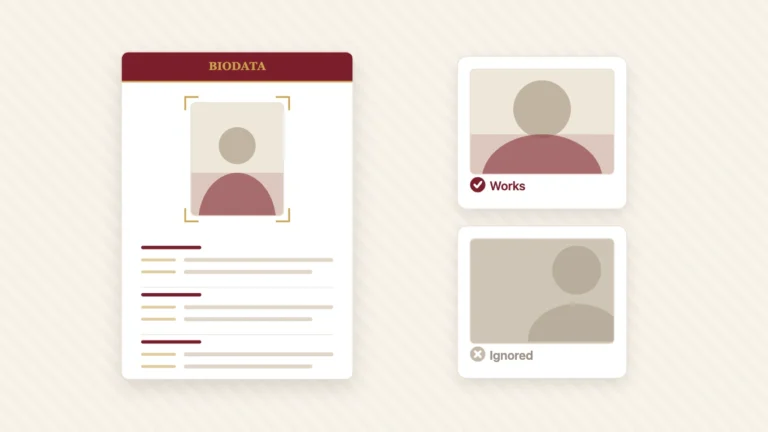 A marriage biodata with a portrait photo, beside an example that works and one that gets ignored