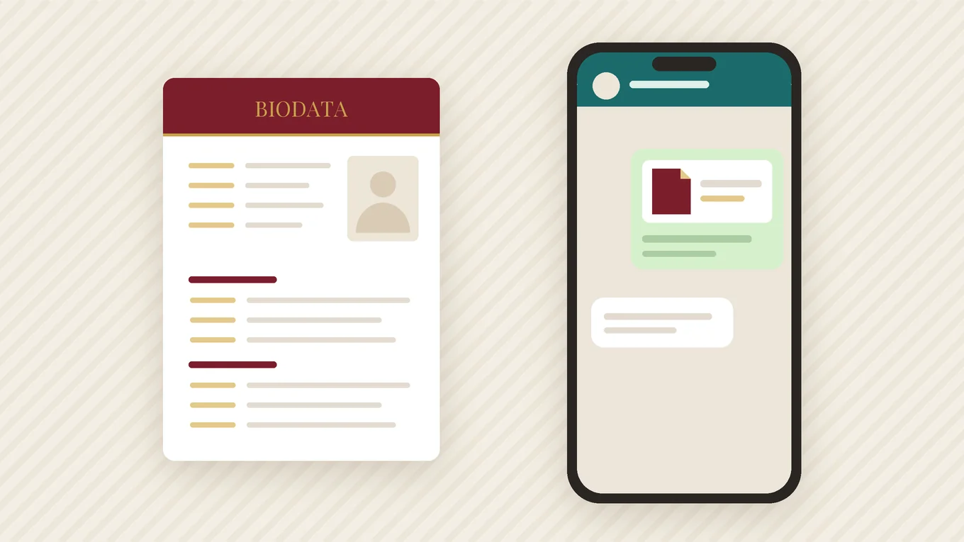 A phone showing a WhatsApp-style chat with a biodata PDF attached and a short introduction message