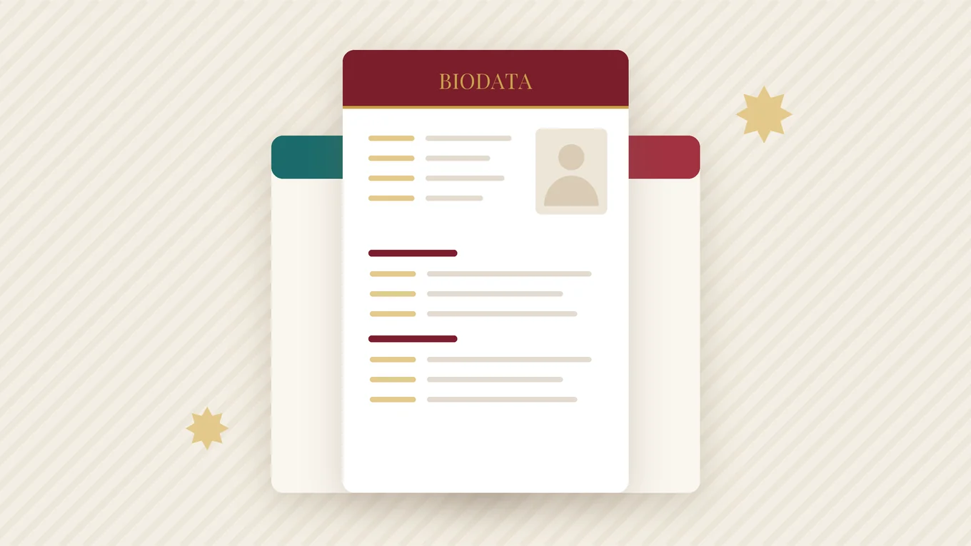 A single marriage biodata card on an A4 page with a photo, a name and short sections for family and career